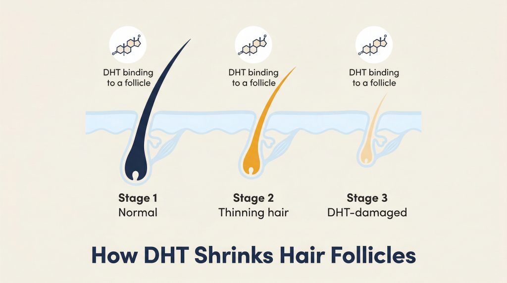 Diagram showing how DHT causes hair follicle miniaturization — three stages of androgenetic alopecia