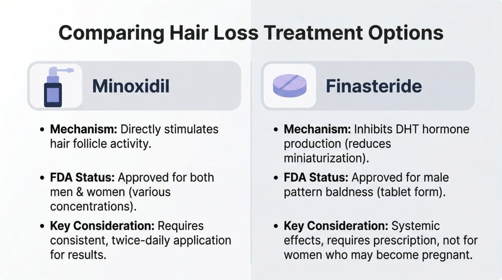 Minoxidil vs finasteride comparison chart — FDA-approved hair loss treatments for men