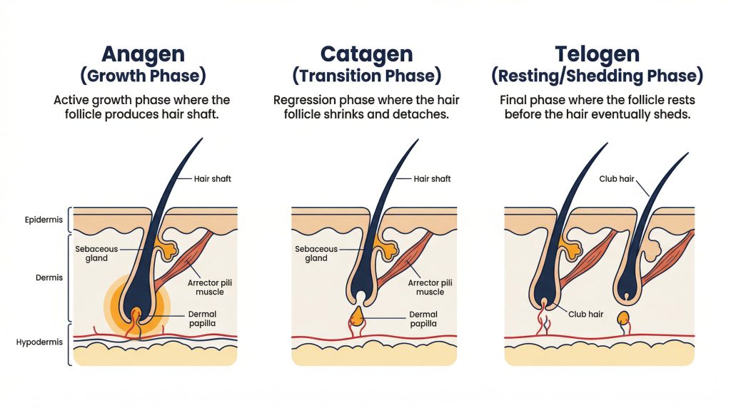 Diagram of hair growth cycle showing anagen, catagen, and telogen phases in male pattern baldness