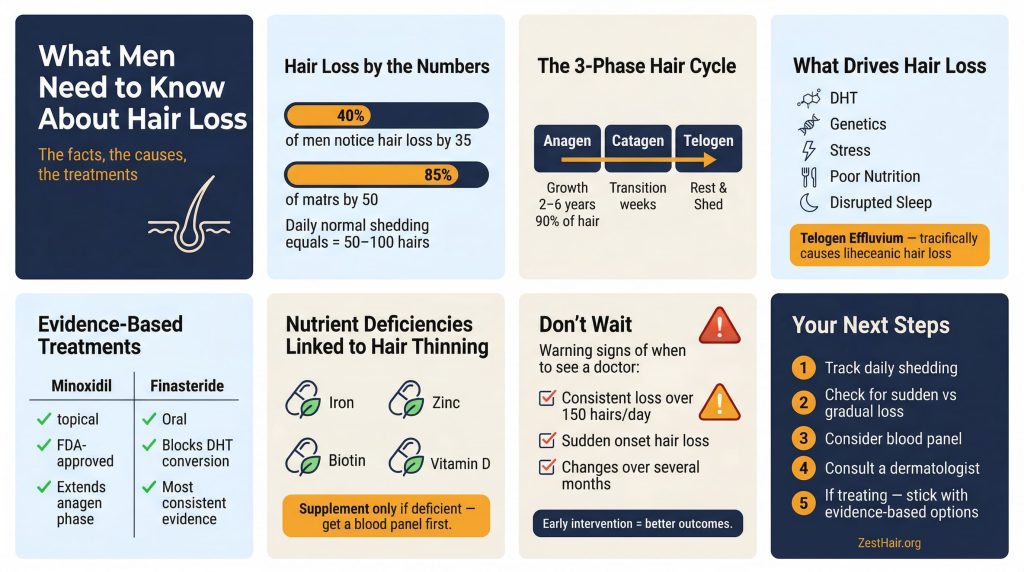 Men's hair loss infographic: causes, hair cycle phases, DHT treatments, and when to see a dermatologist