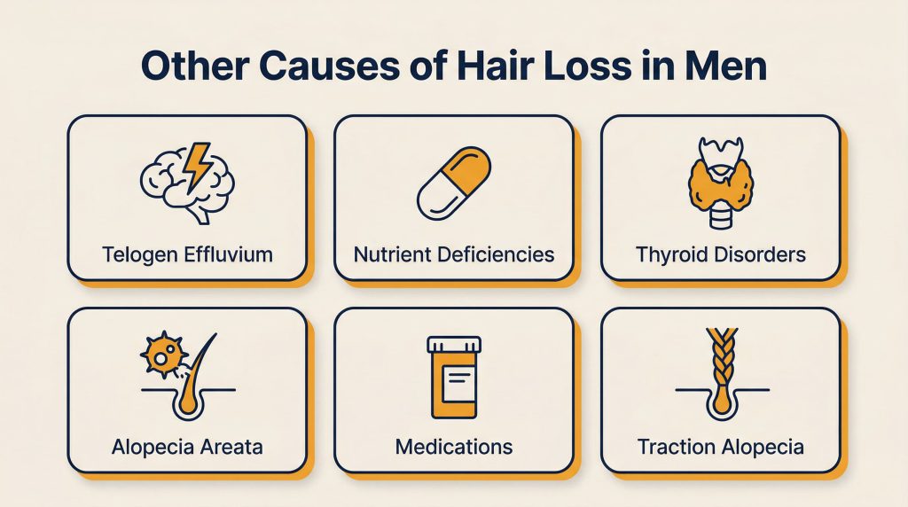 Six secondary causes of male hair loss including stress, nutritional deficiency, and traction alopecia