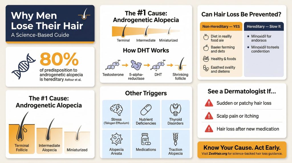 Infographic explaining causes of male hair loss including androgenetic alopecia, DHT mechanism, and secondary triggers