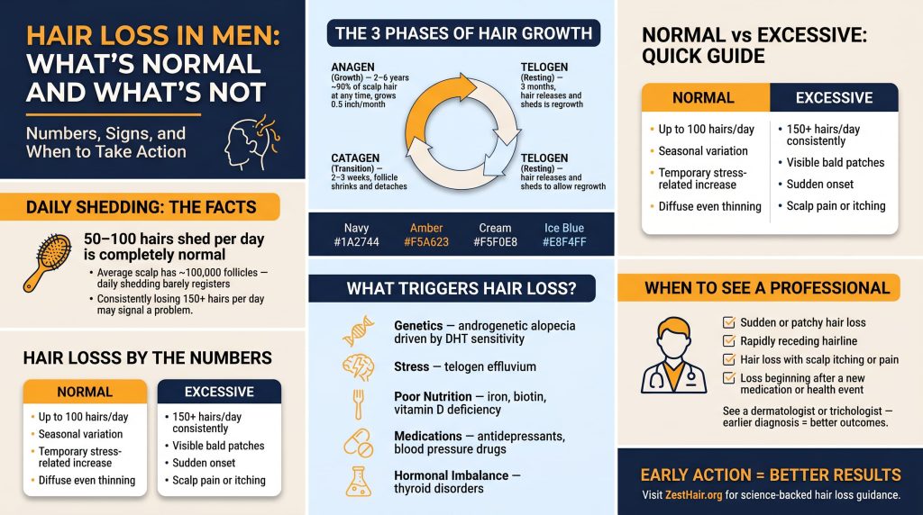 Hair loss in men infographic — normal vs excessive shedding, 3-phase hair growth cycle, statistics by age, key triggers including DHT and stress, and when to see a doctor