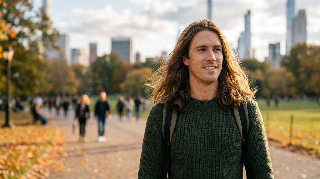 Man with healthy shiny hair outdoors — hair reflects inner health and vitality