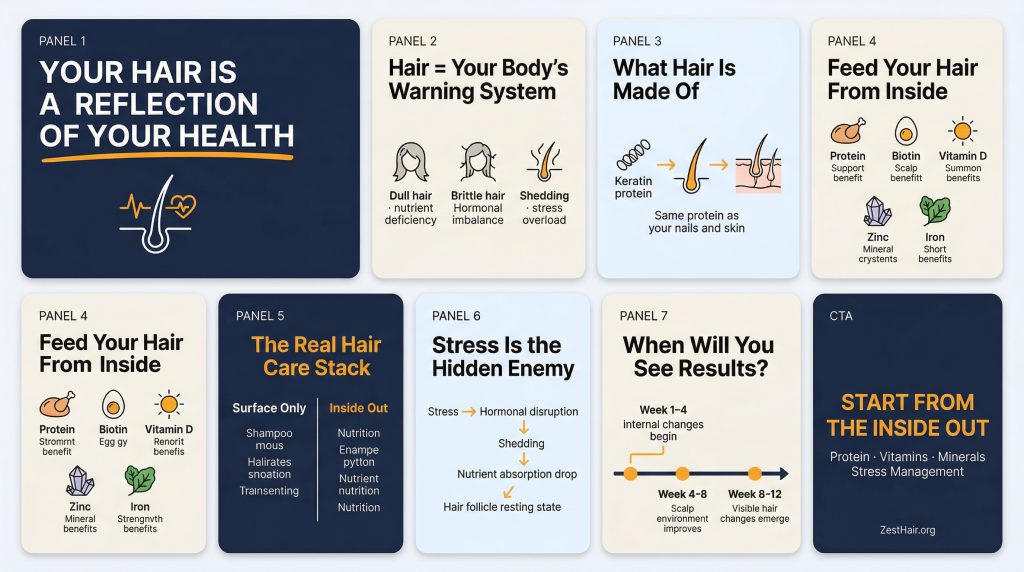 Hair health from the inside out infographic — nutrition, stress, keratin and hair care tips for men
