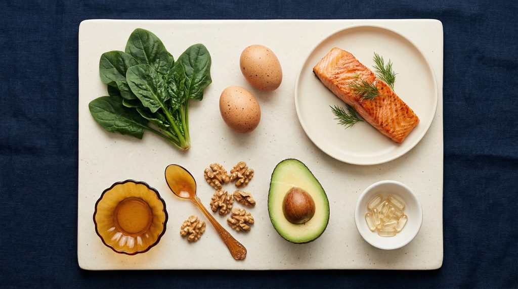 Nutrient-rich foods for healthy hair growth including eggs, salmon, spinach, walnuts and avocado