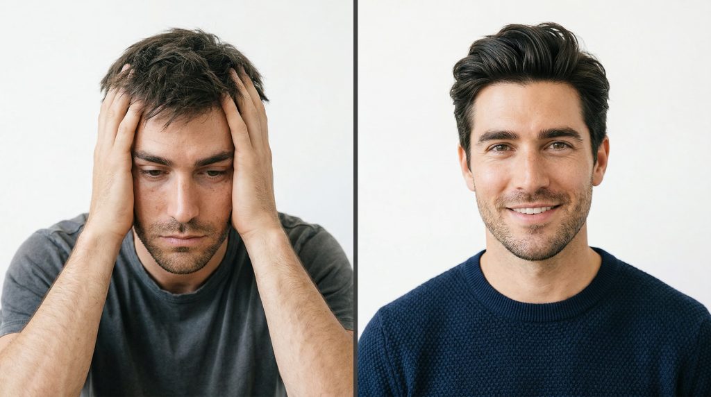 Man checking hair health in mirror — hair as a window into overall body health and nutrition
