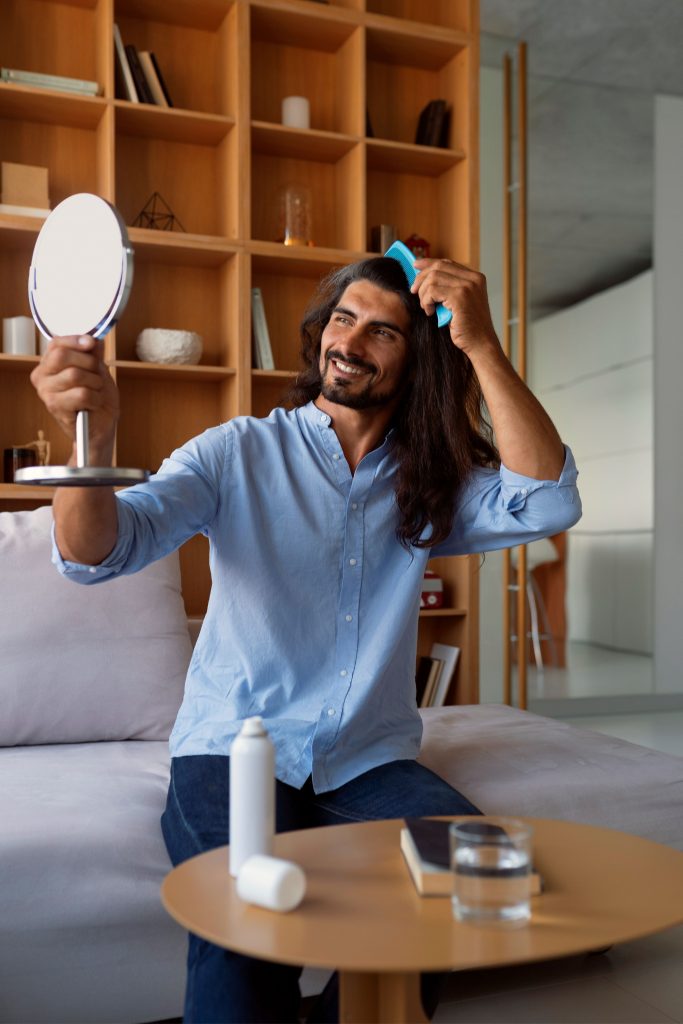 Handsome man combing full length hair, holding a mirror
