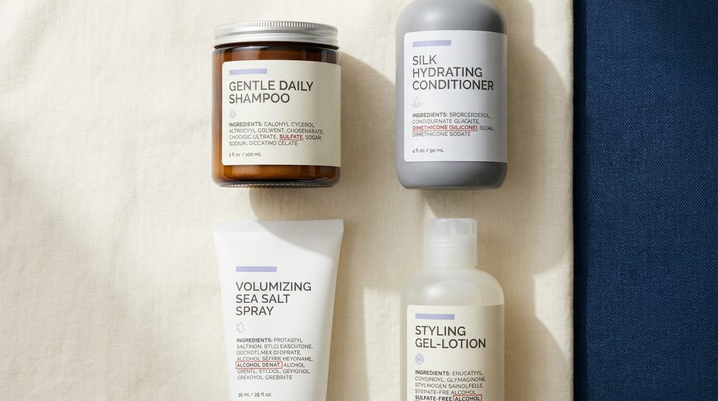 Hair product ingredient labels showing sulfates, silicones, and alcohol in men's grooming products