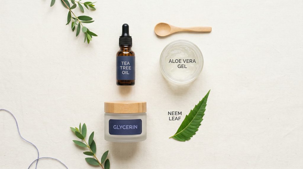 Anti-dandruff scalp ingredients — tea tree oil, aloe vera, neem, and glycerin for men's scalp care