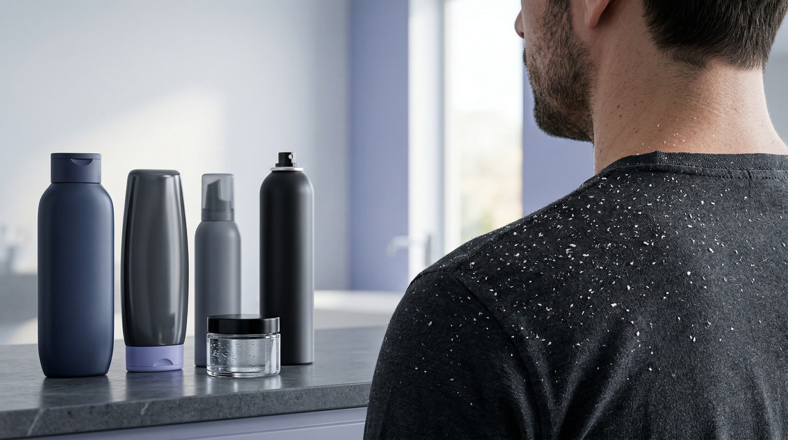 Hair care products that cause dandruff flakes on men's shoulders — shampoo, gel and hairspray