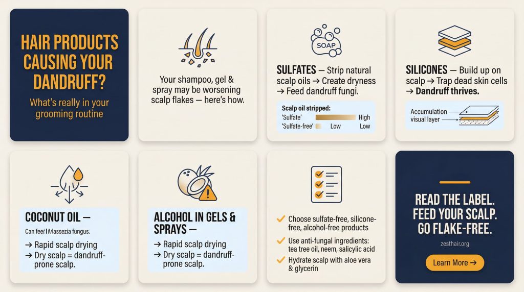 Hair products that cause dandruff infographic — sulfates, silicones, alcohol, and scalp care tips for men