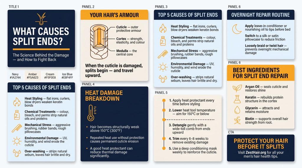 Split ends causes and prevention infographic for men — hair structure diagram, top 5 damage causes including heat and chemicals, 5-step prevention plan, and overnight repair routine