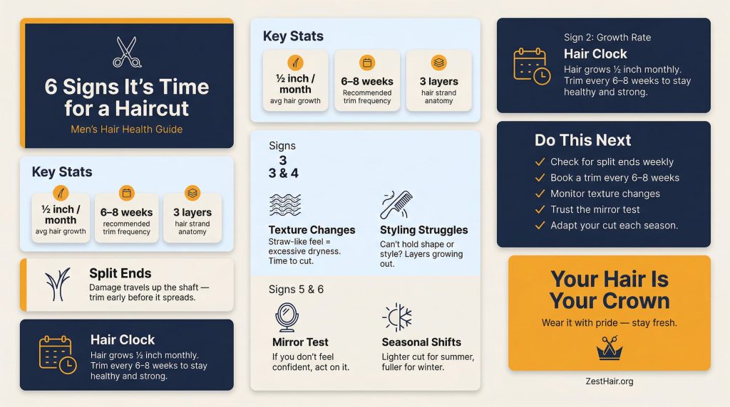 infographic listing 6 signs men need a haircut including split ends texture changes and seasonal tips