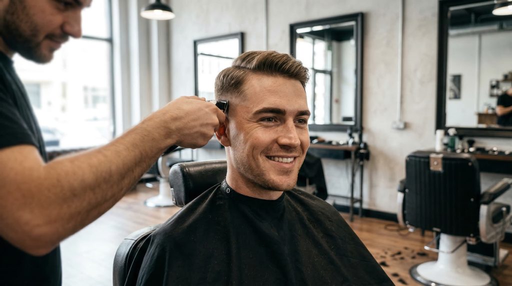 man in barber chair getting a fresh haircut while barber shapes his hair