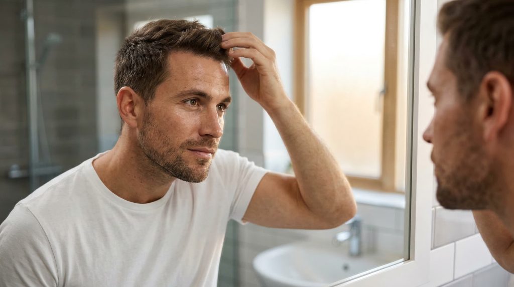 man examining hairline in bathroom mirror with calm determined expression addressing hair loss