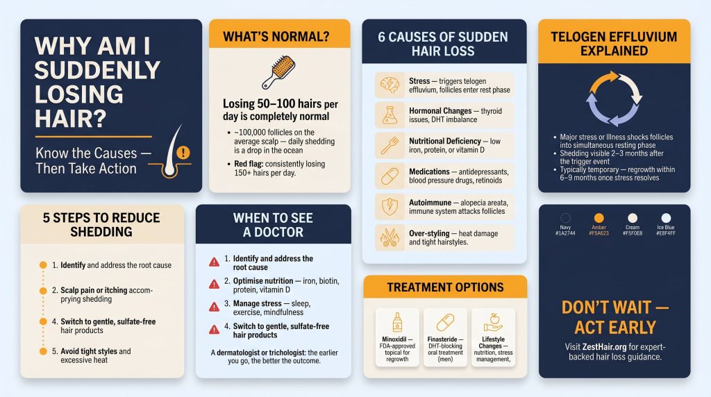 Sudden hair loss in men infographic — 6 causes including stress, DHT, and nutritional deficiencies, telogen effluvium explained, 5-step recovery guide, and when to see a doctor