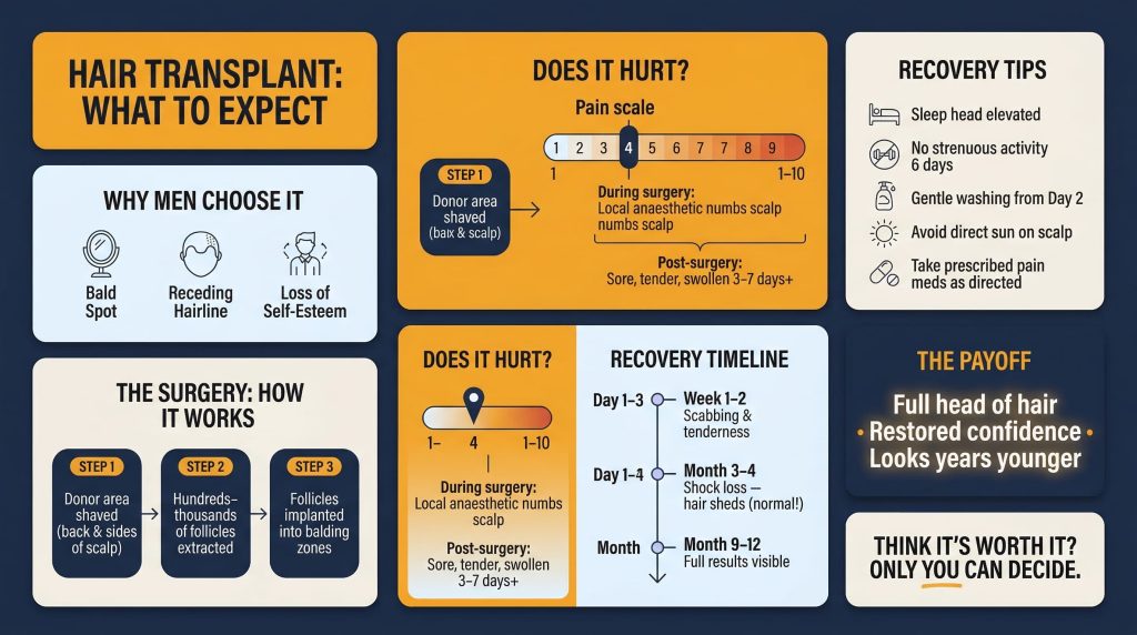 Hair transplant surgery process pain recovery timeline and confidence results infographic