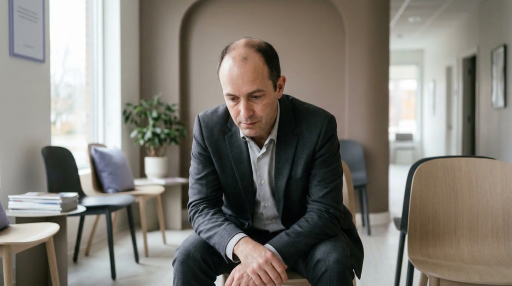 Mature man with thinning hair and bald spot before hair transplant surgery