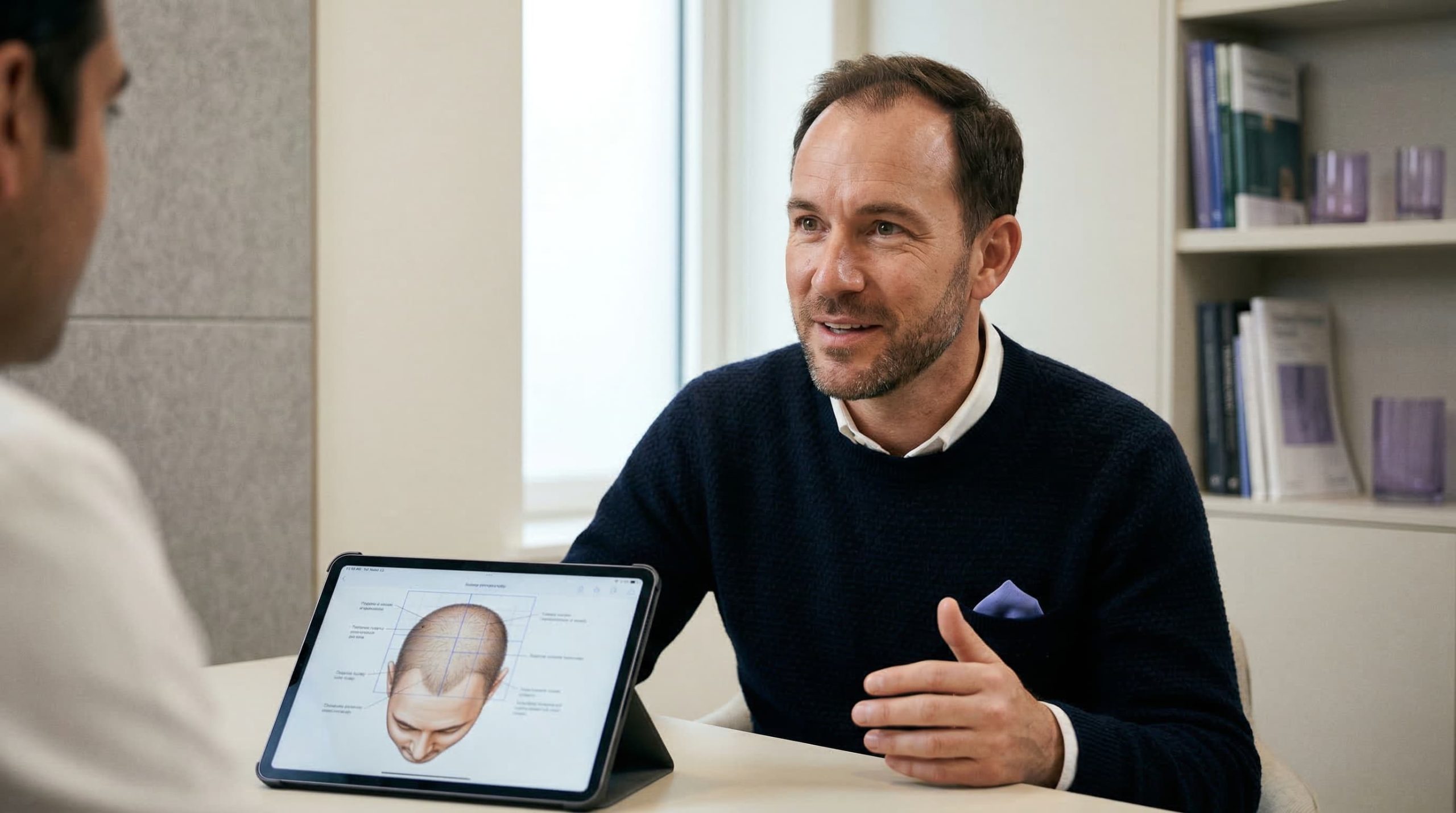 Man with receding hairline consulting hair transplant surgeon reviewing scalp diagram in modern clinic