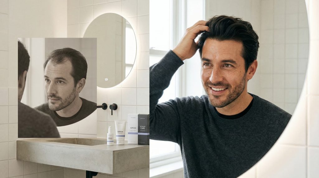 Man smiling confidently at mirror after successful hair transplant recovery and restored hairline
