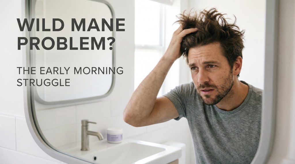 Man with thick unruly hair looking frustrated before styling — wild mane problem