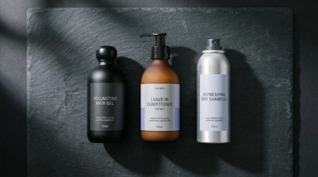Men's thick hair styling products flat lay including gel, leave-in conditioner and dry shampoo