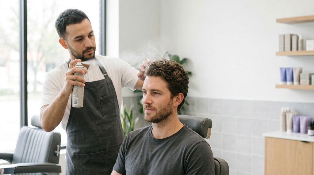Barber applying hair spray to man with thick hair for long-lasting hold