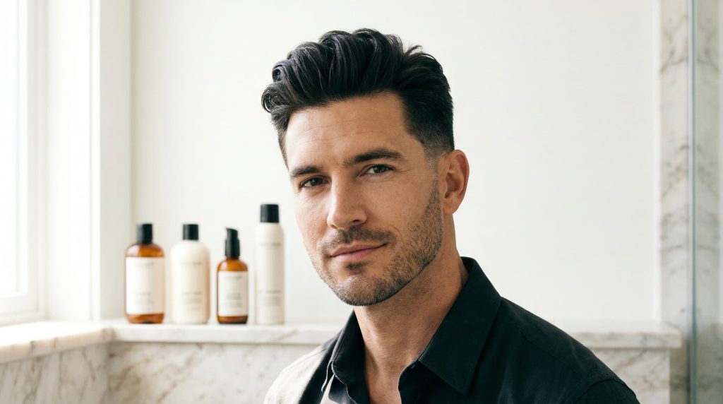Man with thick hair styled with premium grooming products for a polished all-day look