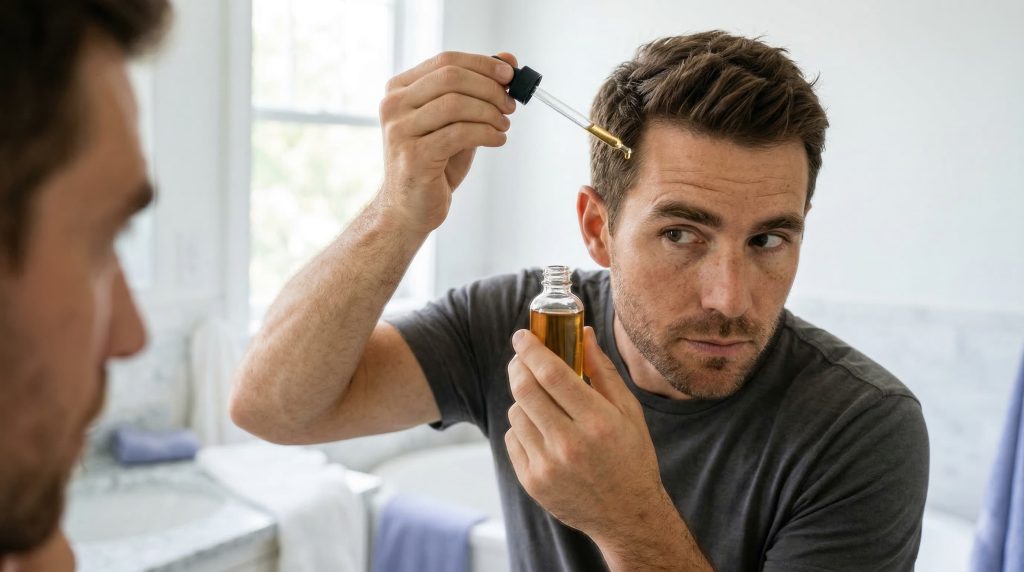 Man holding hair growth oil bottle with dropper pipette for scalp application