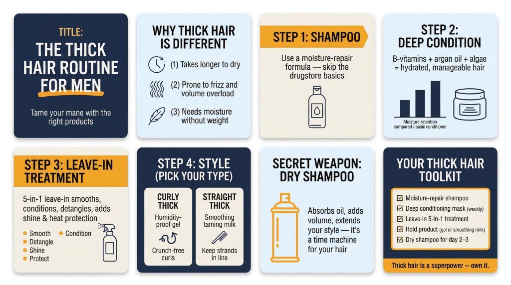 Thick hair care routine for men infographic showing shampoo conditioner styling and dry shampoo steps