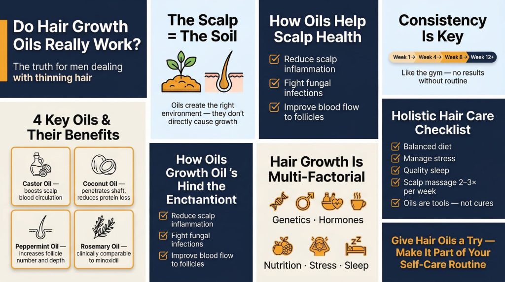 Hair growth oils for men infographic: key oils, scalp benefits and holistic hair care routine tips