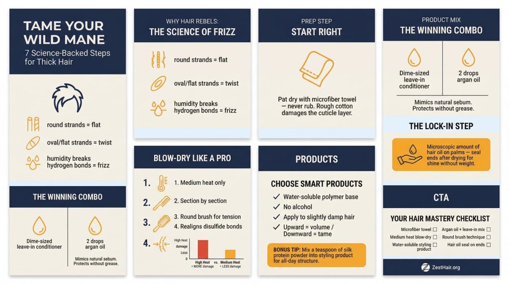 Infographic: 7 steps to style thick unruly men's hair — from prep to finish with product tips