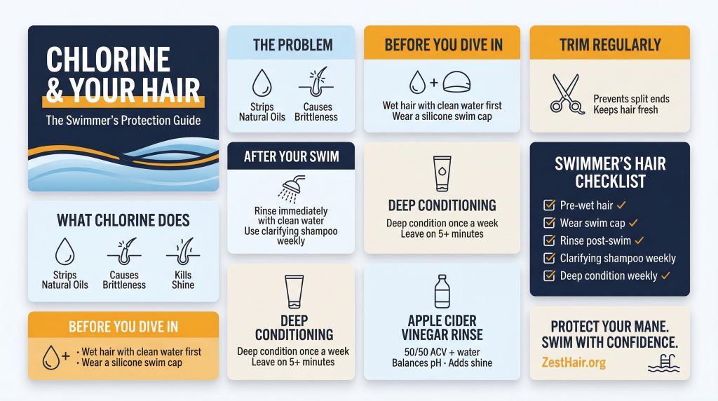 chlorine hair damage prevention guide for men swimmers infographic