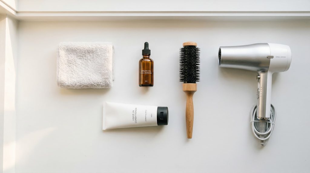 Men's thick hair styling essentials — microfiber towel, argan oil, leave-in conditioner, and round brush