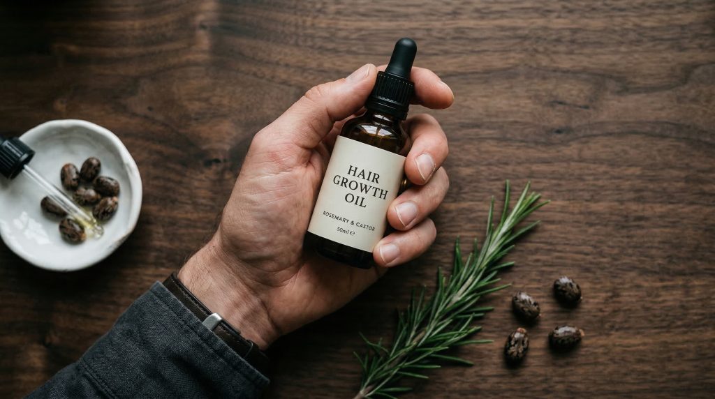 Hair growth oil dropper bottle with rosemary and castor beans on wood surface for men's scalp care