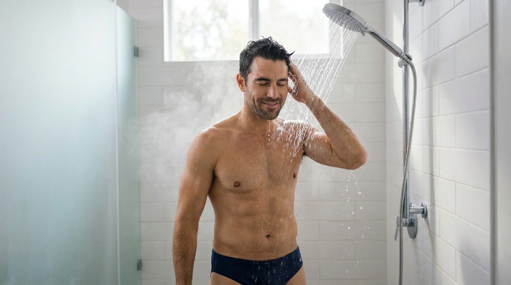 man rinsing chlorine from hair in shower after swimming as part of post-swim hair care routine