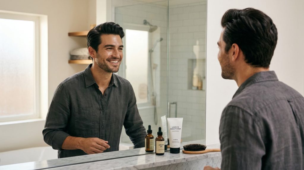 Men's thick hair styling tips — confident man with tamed wild mane using leave-in conditioner and argan oil