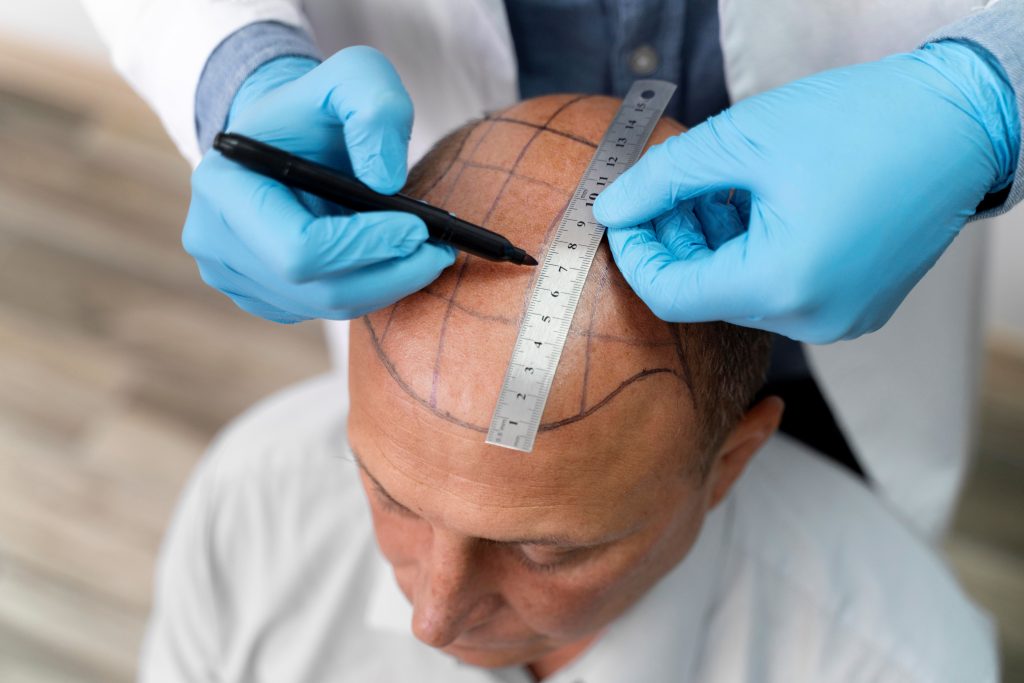 bald man going through follicular unit extraction process