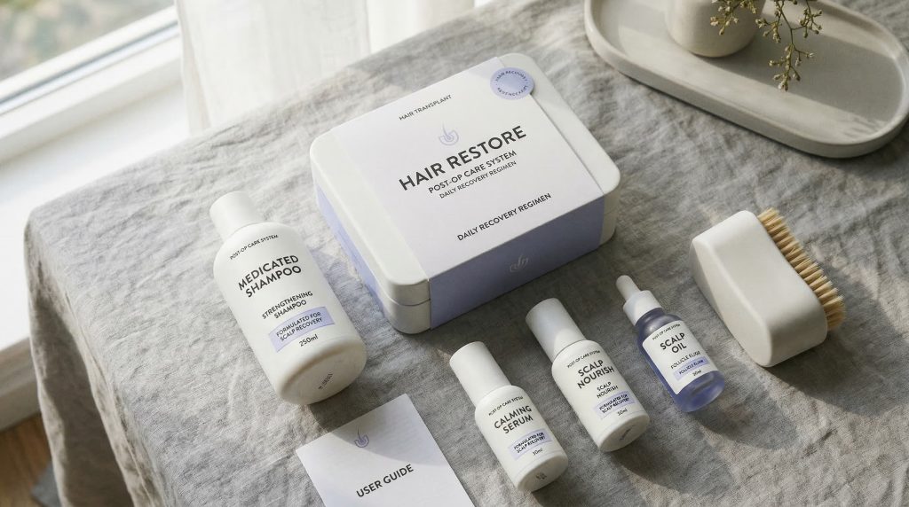 Hair transplant post-op maintenance products including medicated shampoo and treatment kit