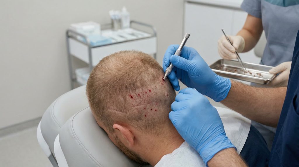 Man undergoing FUE hair transplant procedure showing hair loss treatment risks