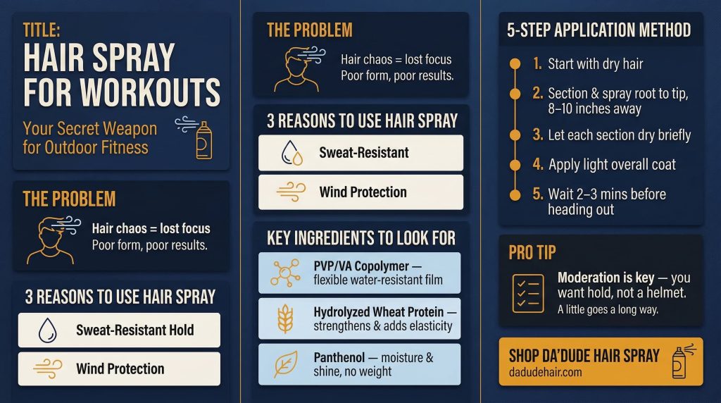 Infographic: how to use hair spray for outdoor workouts — benefits, key ingredients, 5-step application guide