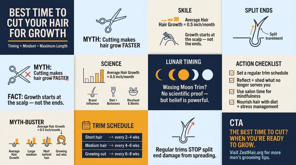 Infographic: best time to cut hair for men's growth — schedule, myths, tips and self-care checklist