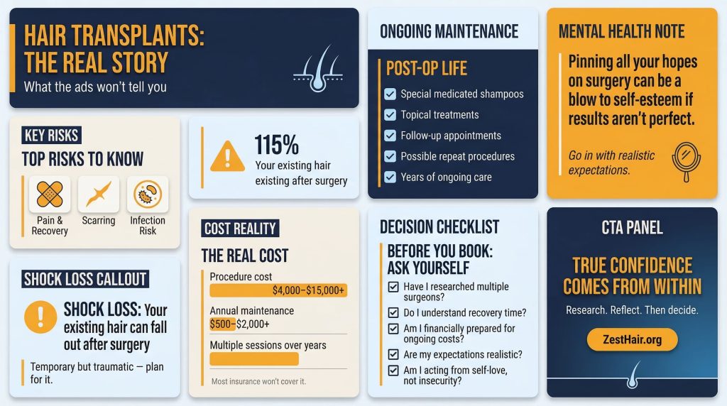 Hair transplant risks and considerations infographic for men considering hair restoration surgery