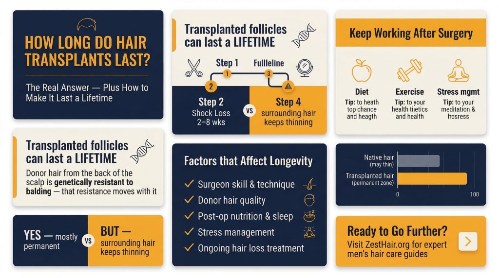 How long do hair transplants last — FUE permanence, maintenance and longevity guide infographic