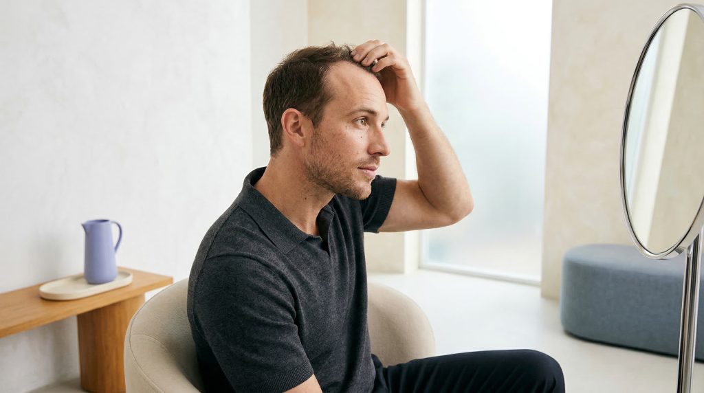 Man contemplating hair transplant decision examining hairline in mirror
