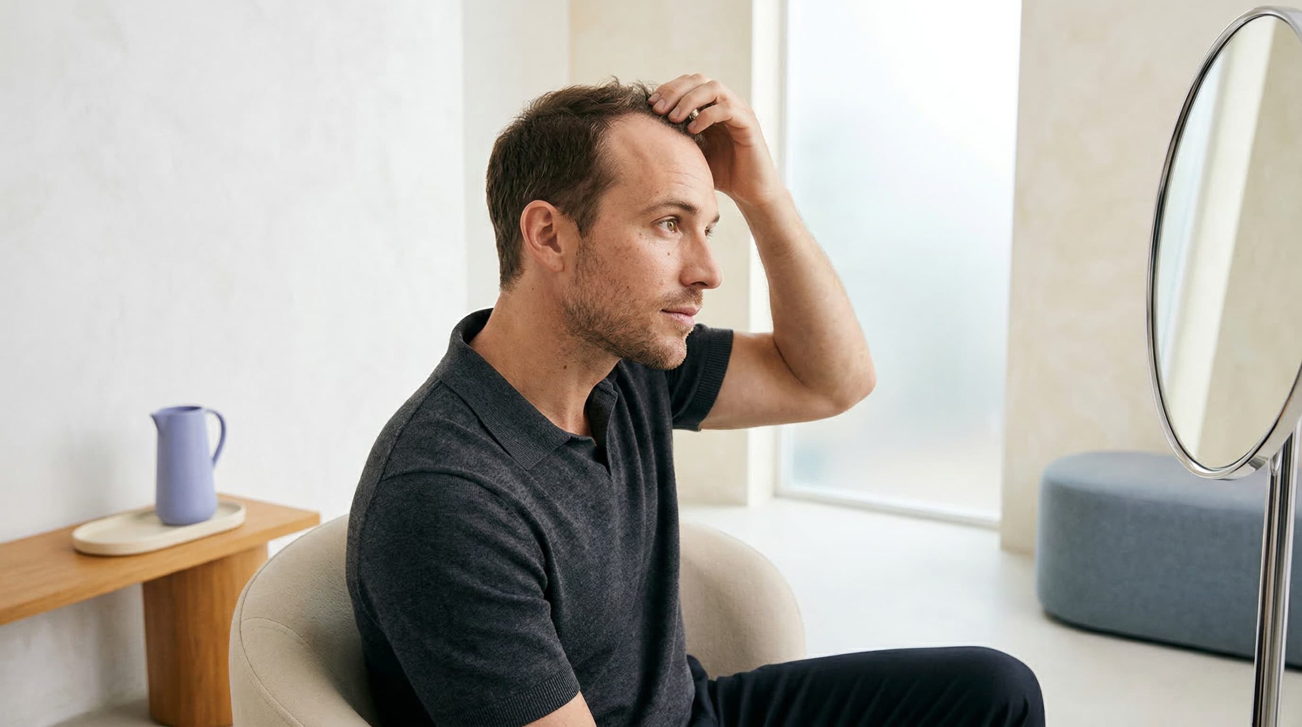 Man contemplating hair transplant decision examining hairline in mirror