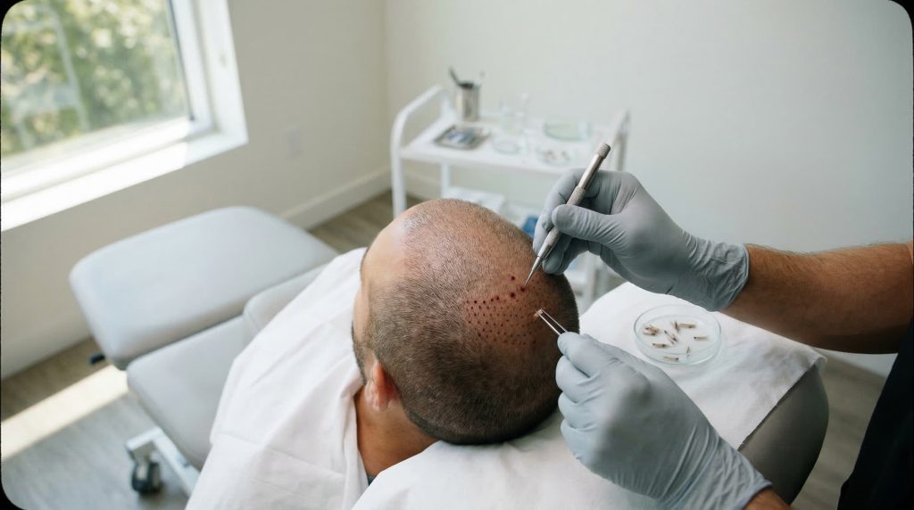 FUE hair transplant procedure showing follicular unit extraction on male patient