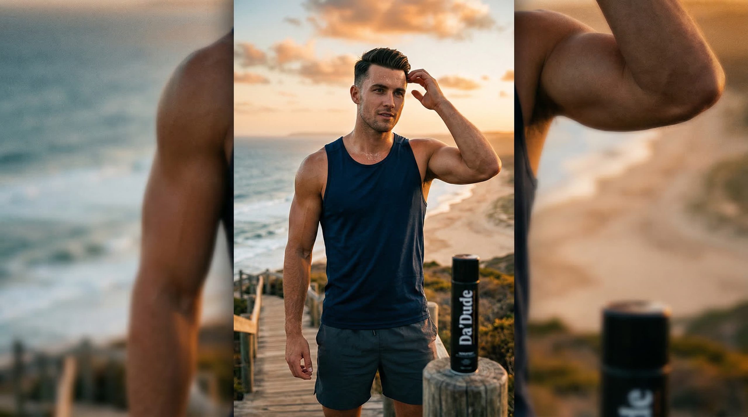 Man after outdoor workout with Da'Dude hair spray keeping his styled hair locked in place in the wind