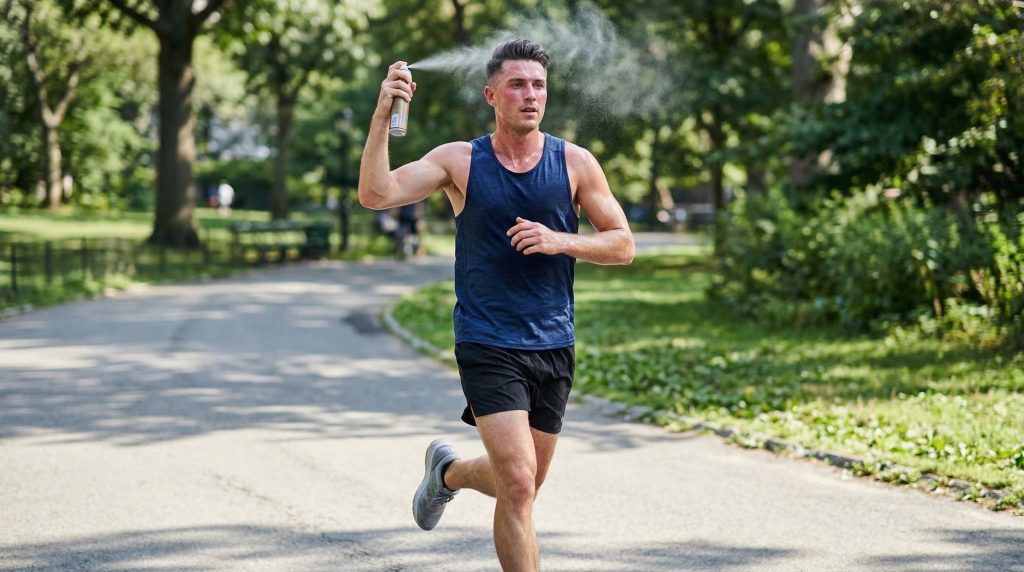 Man running outdoors with hair spray holding his hairstyle in place during a sweaty outdoor workout